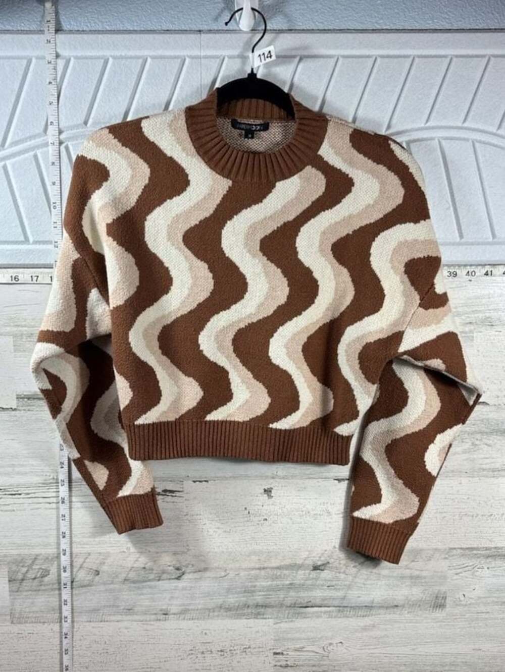 Paper Moon Brown Cream Wavy Striped Jacquard Knit Pullover Sweater Size M